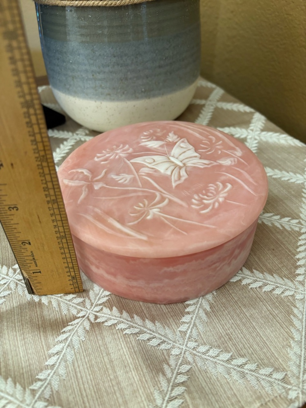 Vintage Pink Butterfly Jewelry Box Trinket Dish w/Lid Incolay Stone Round Flower - Picture 8 of 10
